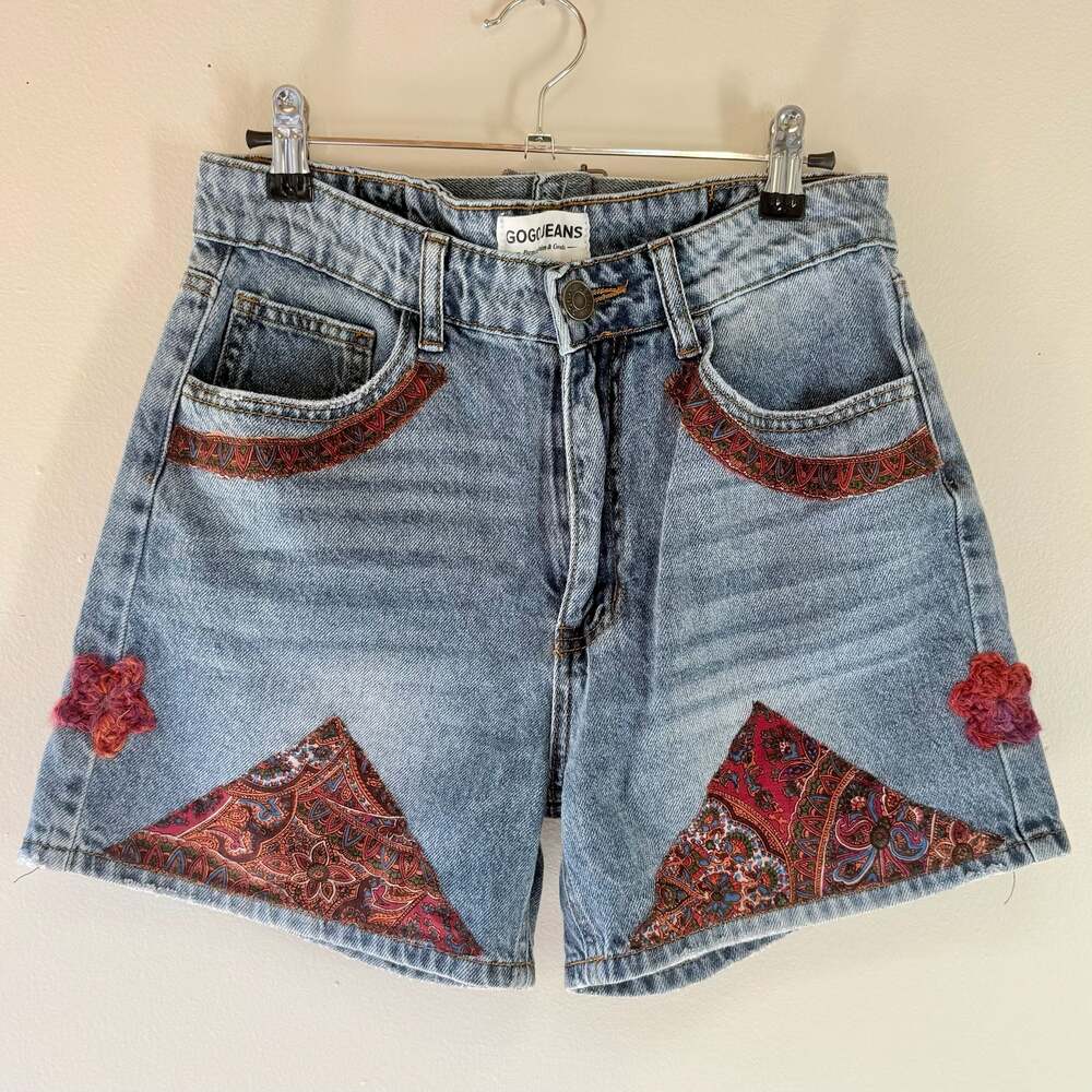 Upcycled Embellished Shorts with Paisley Patchwork and Crochet Flowers
